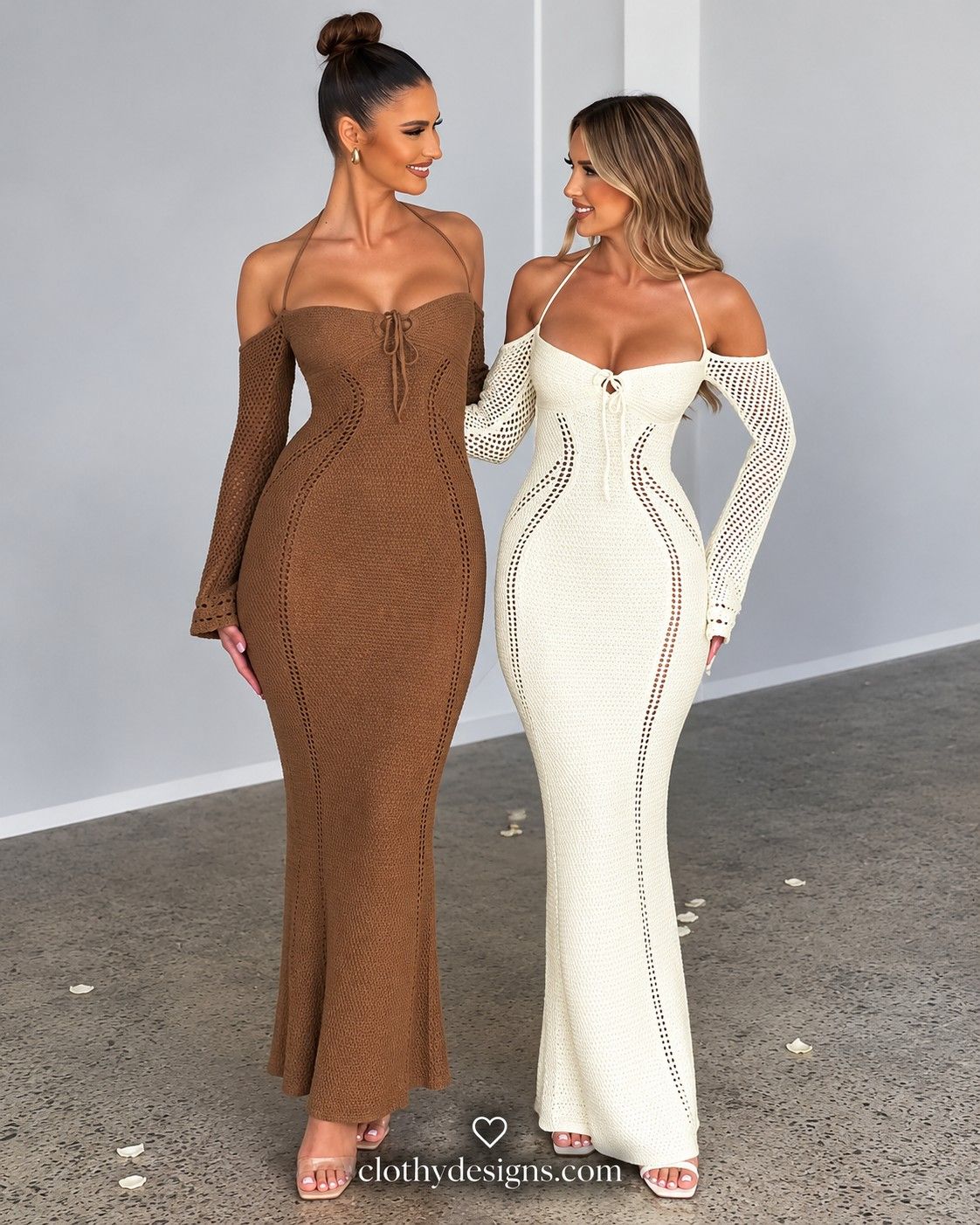 Elegant Sexy Backless Tie Front Maxi Dresses Vestido  title                Women's Off-Shoulder Halter Knit Maxi Dress – Long Sleeve Backless Tie-Front Elegant Evening Dress